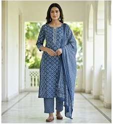 Block-Print Cotton Kurta Set